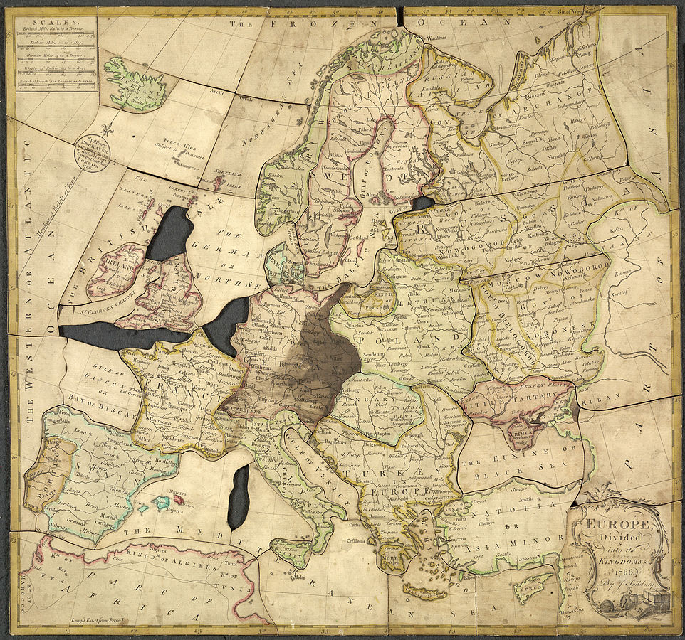 Карты пазлы [By Creator:John Spilsbury - Image taken from Europe divided into its kingdoms &c. by J. SpilsburyOriginally published/produced in London, 1766.Held and digitised by the British Library, and uploaded to Flickr Commons.A higher resolution version may be available for purchase from BL Images Online, imagesonline.bl.uk, reference 062581Please do not overwrite this file. Any cropped or modified version should be uploaded with a new name and linked in the 
