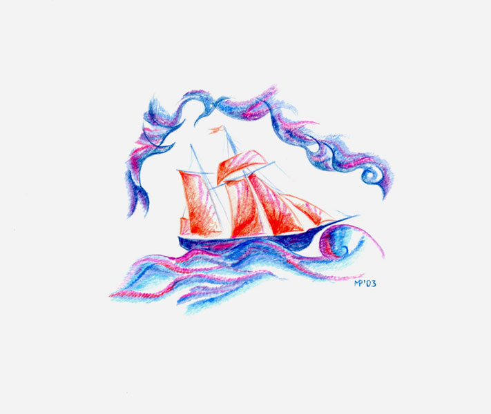 Корабль в море - цвет. карандаши, бумага, 2003г.  [Марк Певзнер]
