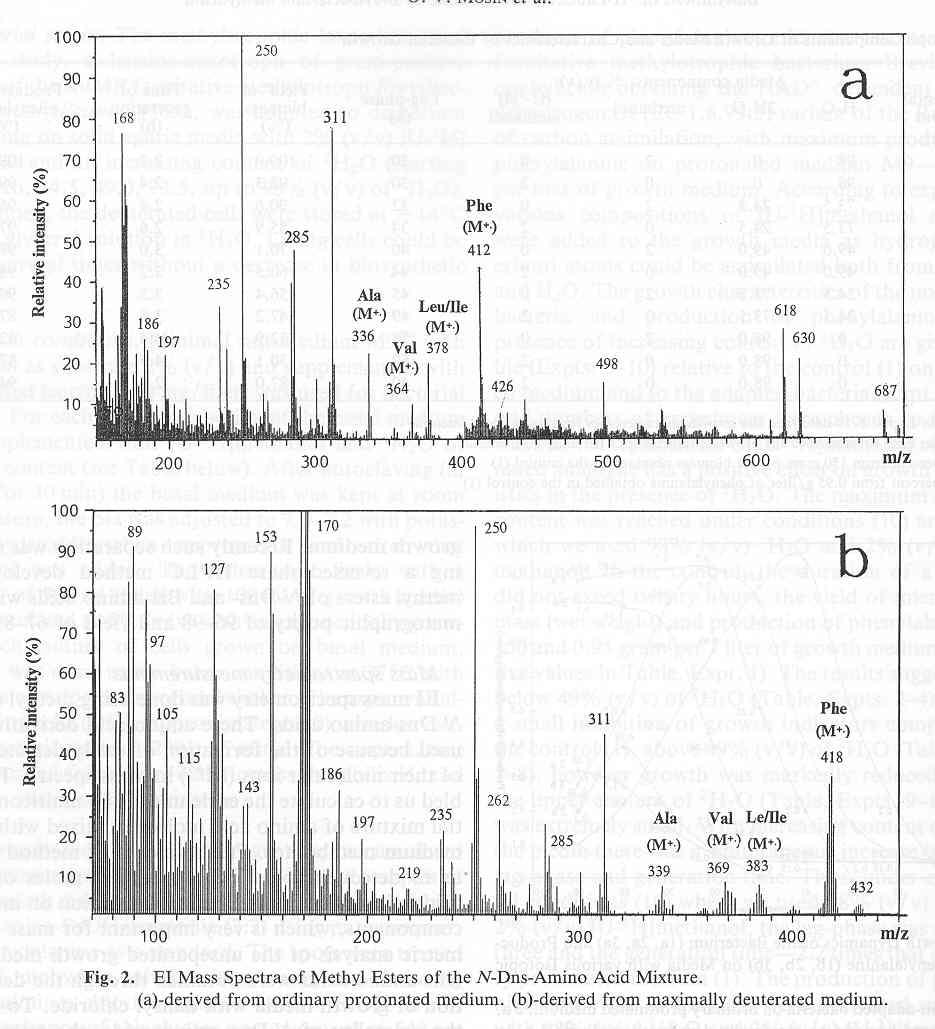 Mass spectra of methyl easters of NDS-amino acids from growth media [O.V.Mosin]
