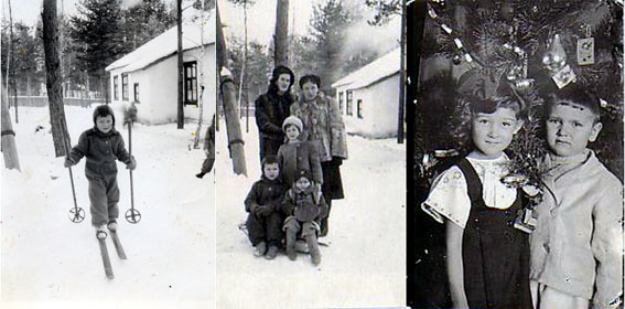 Челябинск-40. Начало 1947 г. Лыжник на фоне жилого барака. Дружат родители (мама справа), дружат дети. []