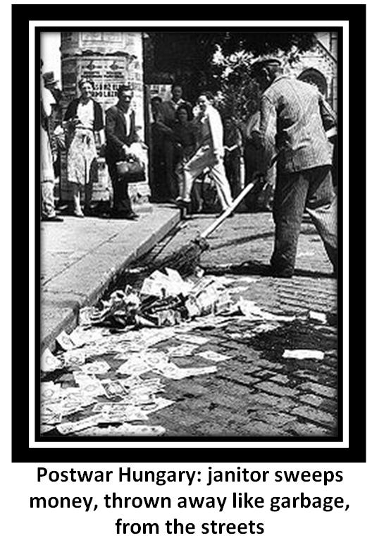 Postwar Hungary: janitor sweeps money, thrown away like garbage, from the streets [Postwar Hungarian newspapers]