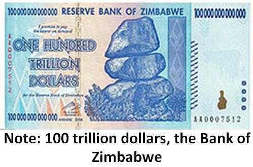 Note: 100 trillion dollars, the Bank of Zimbabwe [The Reserve Bank of Zimbabwe]